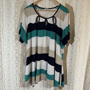 Avenue Stretch Blouse Size 22 24 Green Blue White Stripes Keyholes On Front